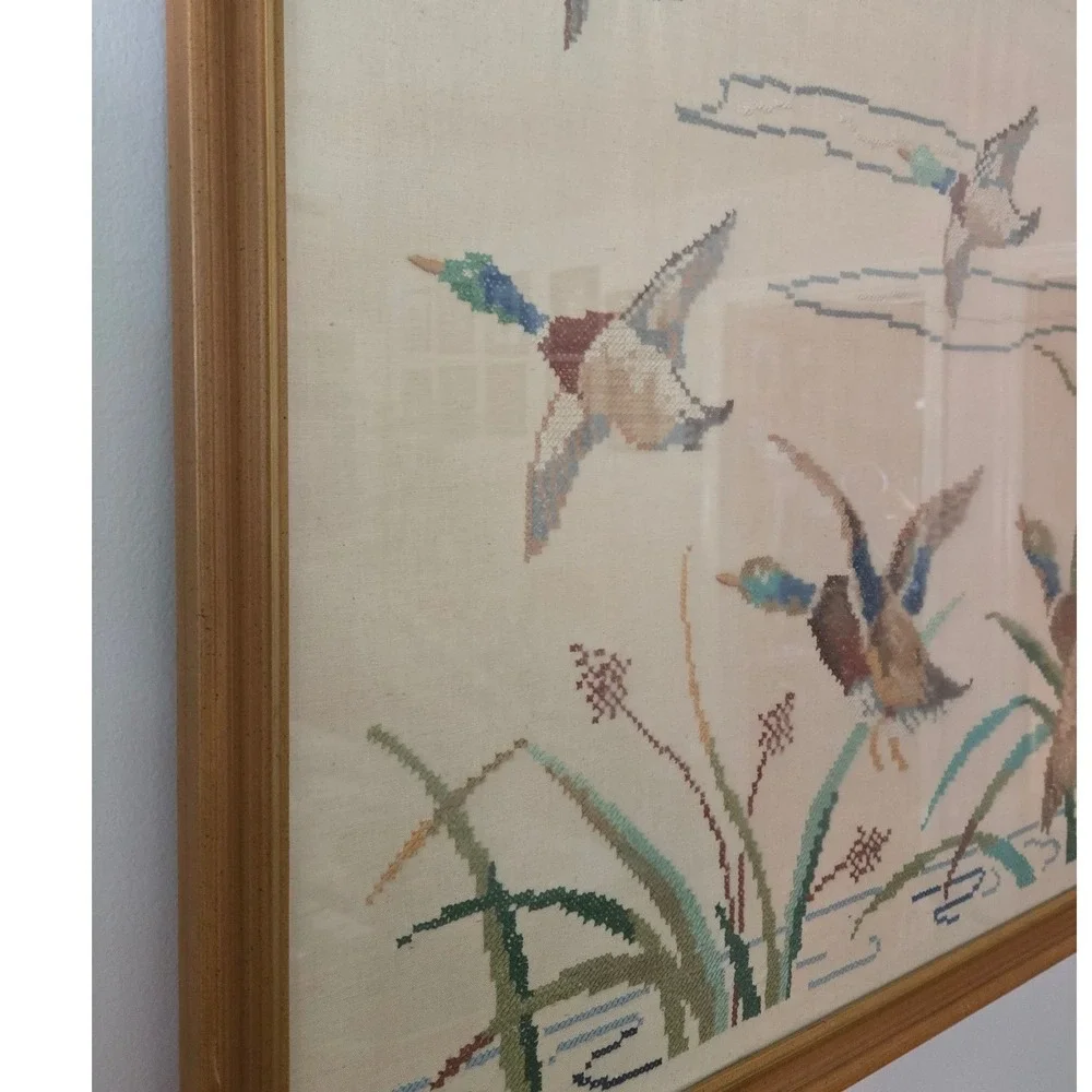 LG Vintage Framed Mallard Ducks Cross Stitch Needlepoint Wildlife Wall Art 27x38